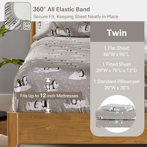 Image of True North by Sleep Philosophy Cozy Flannel Warm 100% Cotton Sheet - Novelty Print Animals Stars Cute Ultra Soft Cold Weather Bedding Set, Twin, Grey Penguins 3 Piece