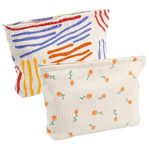 HEKOBAG 2PCS Bolsa de Maquillaje para Mujer, Bolsa de Aseo de Pana Portátil con Cremallera Neceser, Bolsa de Viaje para Maquillaje Floral y Rayas de Colores para Mujeres y Niñas Colegio Viajar