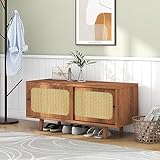 YuQozii Zapatero de ratán con 2 puertas con estante ajustable, color nogal, elegante zapatero para pasillo, salón y dormitorio, 104 x 40 x 48 cm