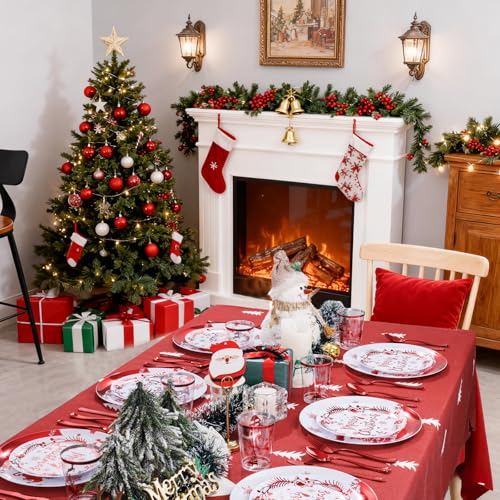 EI 150pcs Christmas Red and White Plastic Plates,Christmas Disposable Plates with Santa and Moose,Plastic Silverware,Clear and Red Cups for Xmas Party and New Year Party – Image 6