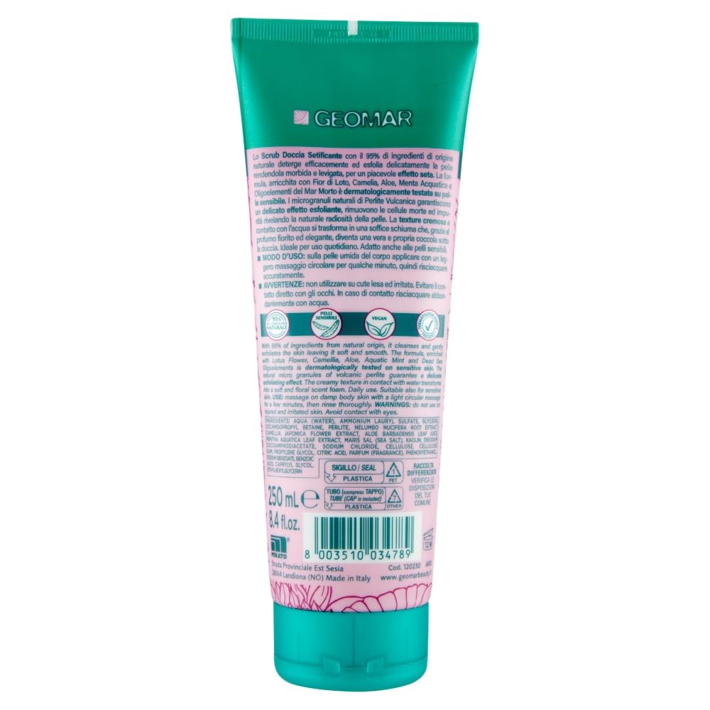 GEOMAR | Scrub Corpo Doccia, Setificante, 2 in 1 Esfolia e Deterge, Uso Quotidiano, 95% di Origine Naturale, Formula Vegan, Dermatologicamente Testata, Made in Italy, 250 ml