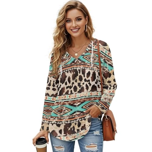 POLERO Aztec Hoodie Cheetah Print Hoodie Womens Sweatshirts Western Sweatshirt Vintage Tunic Tops Long Sleeve V Neck Lightweight Pullover Shirts Size L
