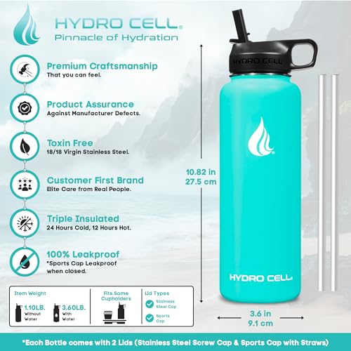 Image of HYDRO CELL Stainless Steel Insulated Water Bottle with Straw - For Cold & Hot Drinks - Metal Vacuum Flask with Screw Cap and Modern Leakproof Sport Thermos for Adults (Teal 40oz)