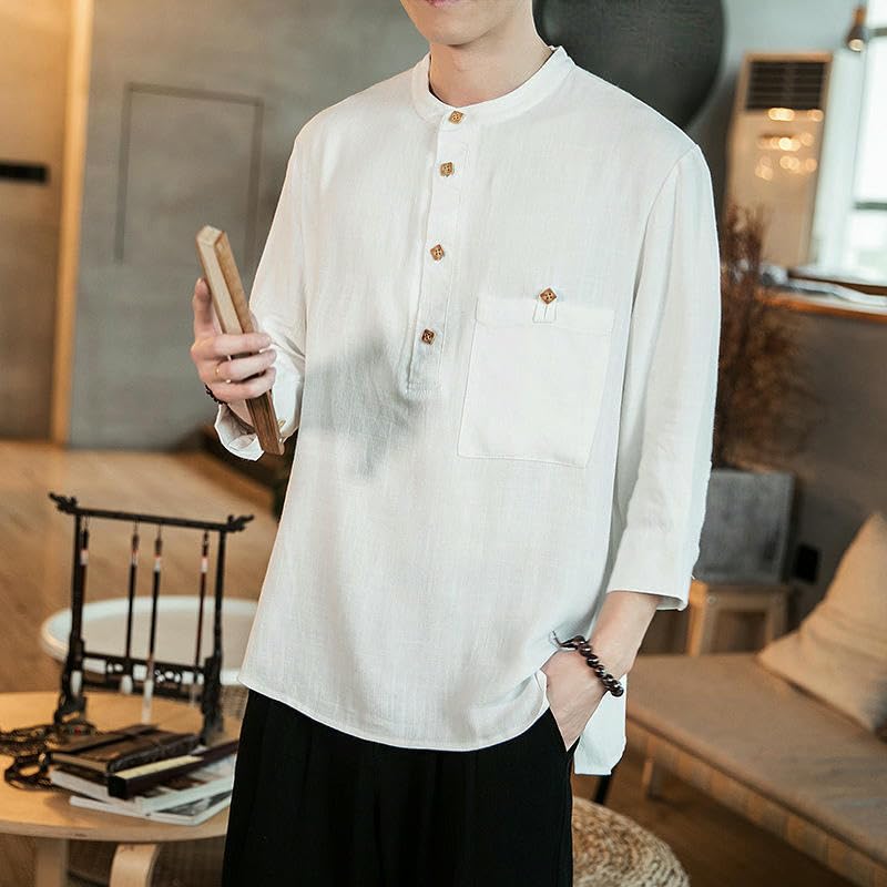 Col montant rétro en coton et lin de style chinois pour homme chemise lin été - 3