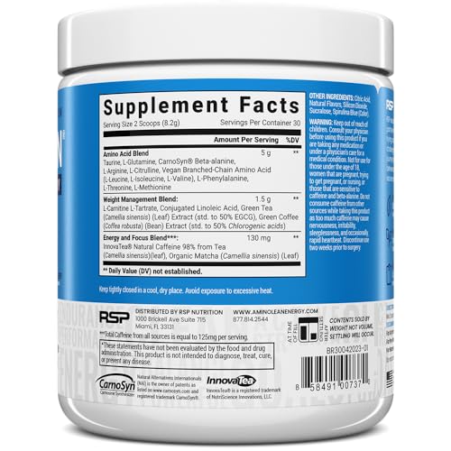 Image of RSP Nutrition AminoLean Pre Workout Powder, Amino Energy & Weight Management with Vegan BCAA Amino Acids, Natural Caffeine, Preworkout Boost for Men & Women, 30 Serv