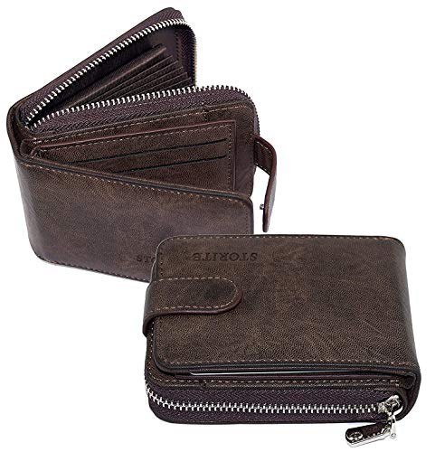 Dark Brown Unisex Adults 11 Slot Zipper Card Holder Wallet, Modern, RFID Protected, Faux Leather
