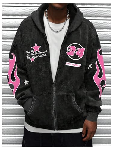 Men's Graphic Hoodie Sweatshirt Zip UP Goth Grunge Long Sleeve Drop Shoulder Hooded Jacket with Pockets Streetwear3