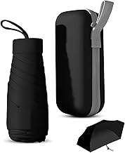 Amexo Mini Folding Umbrella with Case, Small and Compact with 6 Ribs, Windproof and UV Resistant for Travel, Women, Men and Children