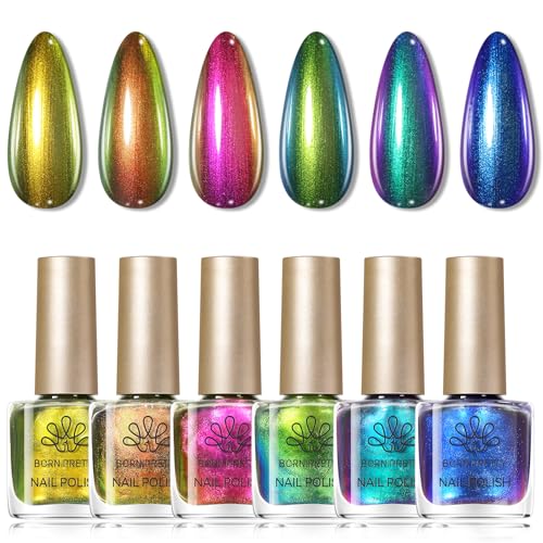 Born Pretty Chameleon Nail Polish Set 6 Colors Chrome Holographic Metallic Glitter Quick Dry Nail Lacquer Kit Long Lasting DIY Fingernail Art Home Salon Valentines Gifts for Women Girls