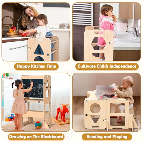 Image of Woodure 4-in-1 Toddler Kitchen Step Stool, Foldable Learning Standing Tower with Blackboard, Wooden Kitchen Stool Helper for Kids, 1-3 Year Old Boy Girl Gifts