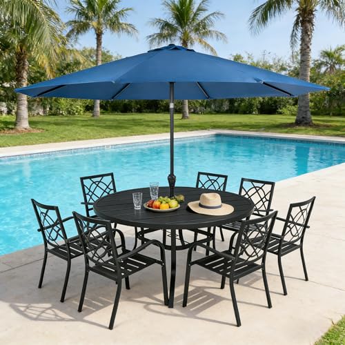 Image of SUNCROWN 8-Piece Outdoor Wrought Iron Chairs and Table Patio Dining Furniture Set-6 Stackable Metal Chairs, 1 53 inch Round Bistro Table and 1 Dark Blue 9Ft Patio Umbrella for Garden Backyard Deck