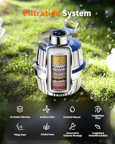 Cobbe 34 Stufen Duschfilter mit Vitamin C für Hartes Wasser, Kalkfilter Dusche mit 2 Filterpatrone zur Entfernung von Chlor und Schwermetallen, Shower Filter Chrom