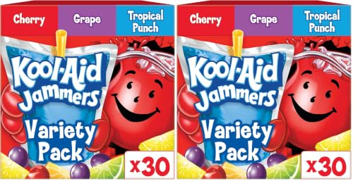 Image of Kool-Aid Jammers Tropical Punch, Grape & Cherry Flavored 0% Juice Drink Variety Pack, 30 ct Box, 6 fl oz Pouches (Pack of 6)