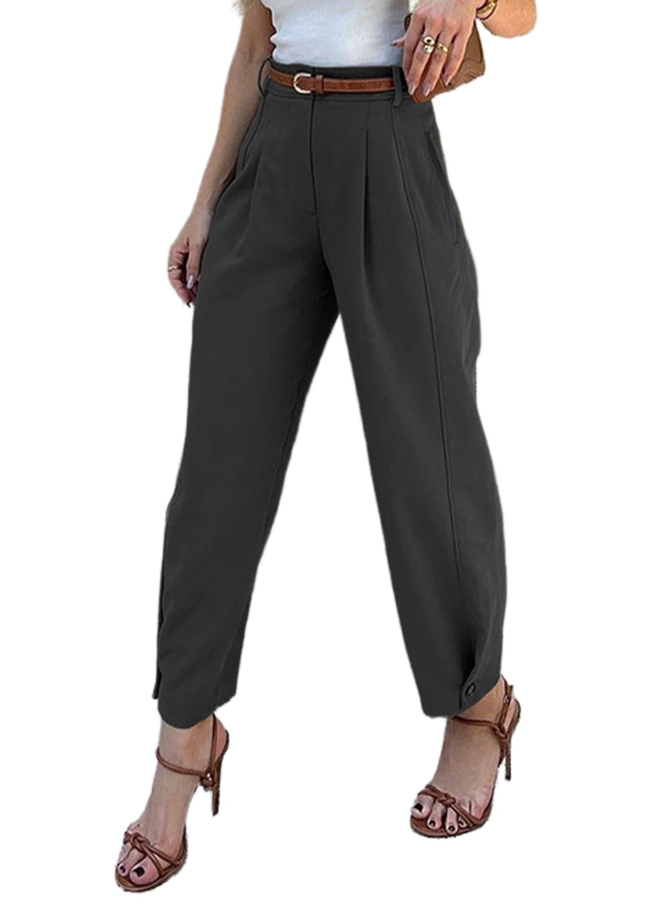 Womens Casual Business Work Straight Suit Pants Elastic High Waist Comfy Work Crop Harem Pants