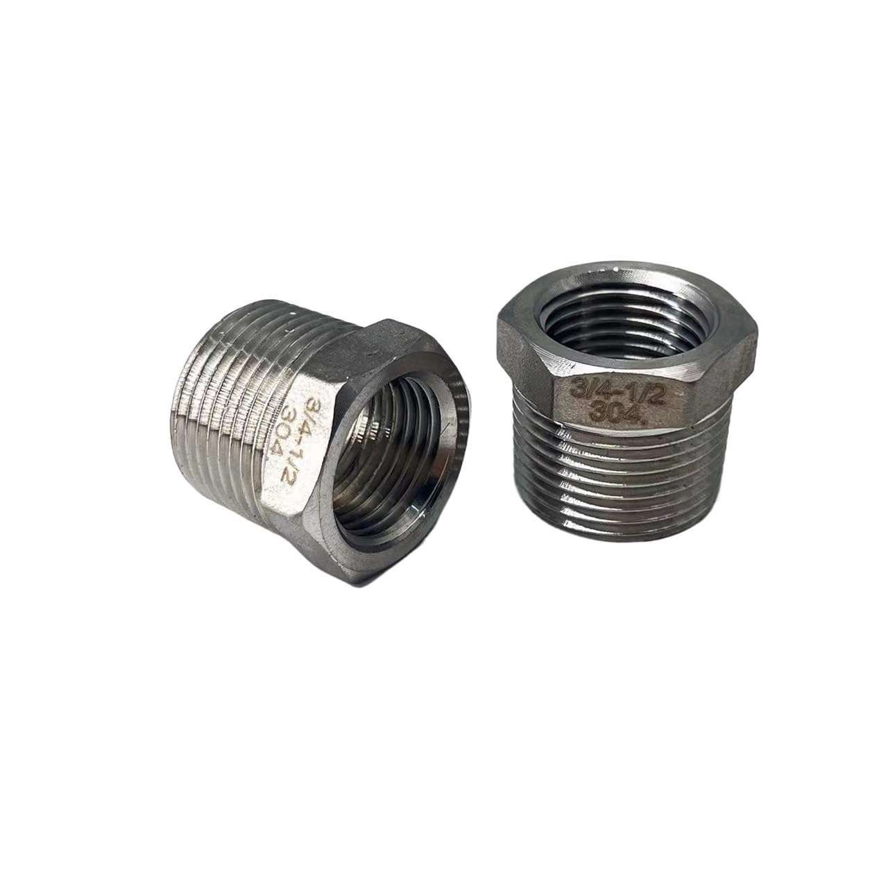 Buje hexagonal reductor de acero inoxidable, rosca macho 3/4" a hembra 1/2", accesorio adaptador for tubería fundida(2-1/2")