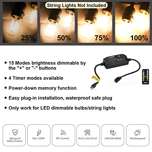 Palawell 100FT Dimmer Switch Lights Timer Waterproof Outdoor Wireless Remote Control Kit, 350W LED Dimmer for Dimmable LED String Bulbs
