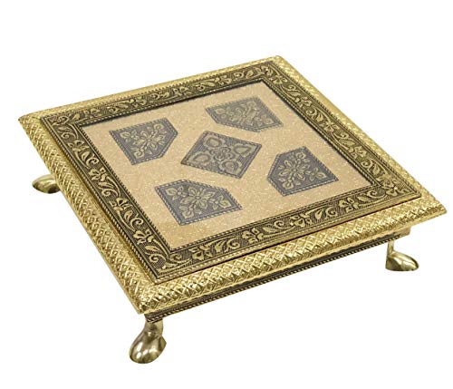 Image of Handmade Wooden Pooja Bajot Chowki (20 cm x 20 cm x 5 cm, Gold) N427