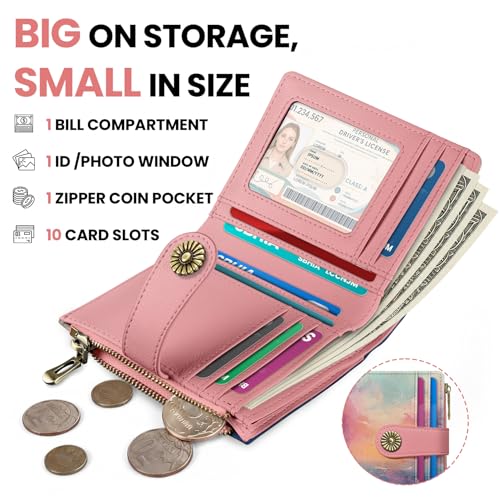 Image of Small Wallet for Women, RFID Blocking Bifold Card Holder Wallet with 10 Card Slots, Cash Compartment, Zipper Coin Pocket & ID Window, Cute Soft Vegan Leather Compact Wallet, Sunset