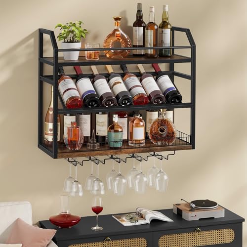 Image of Hoctieon Wall Mount Wine Rack, Wall Mounted Wine Bottle Rack for Display and Storage, Hanging Bottle Holder, for Living Room, Dining Room,Bar, Wine Cellar, Rustic Brown