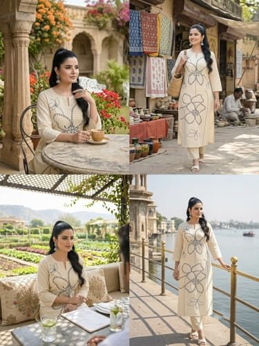 Image of Leriya Fashion Women's Cotton Straight Embroidered Kurta with Pant Set | Ethnic Motifs Work Kurti with Pant for Women | Casual & Office Outfit Ensemble | Kurta Sets for Woman