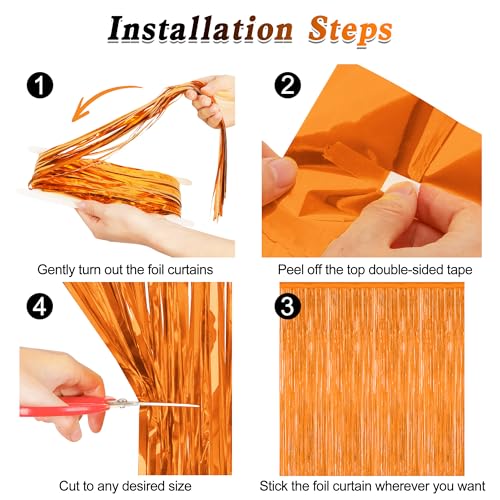 Image of ZATAYE 2 Pack Orange Halloween Foil Curtain Streamer Decorations | Orange, Metallic Foil, 3.28 x 7.05 FT, Tinsel Backdrop, Foil Curtain Streamer, Halloween Party, Photo Booth Door Wall Decor