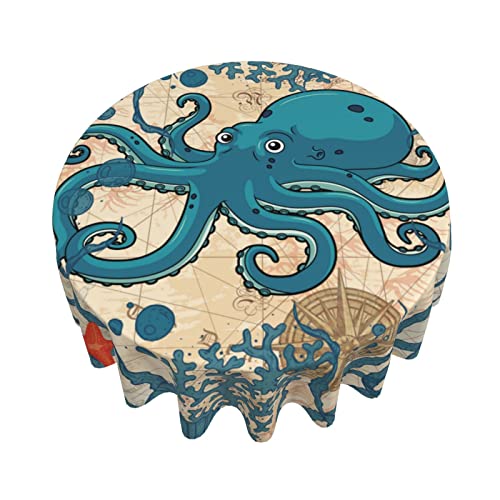 Vintage Octopus Nautical Compass Tablecloth Round Table Cover Waterproof Washable For Home Kitchen Dining Picnic Party 60 Inch #TOP4
