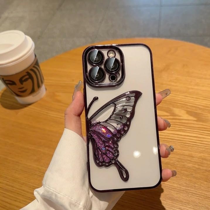 Image of PEEPERLY Back Cover Case for iPhone 14 Pro Max Scratch Resistant Anti-Slip TPU Shockproof Protective Durable Glowing Butterfly Transparent Case for Girls & Women(Purple)