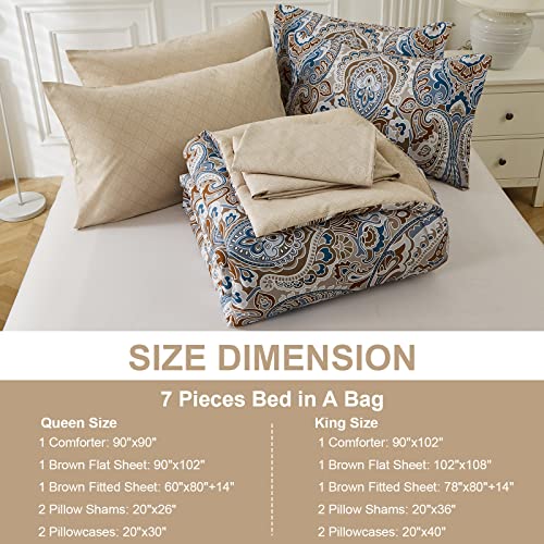 Drucon Boho Comforter Set Queen, 7 Pieces Bed In A Bag Comforter Boho Paisley Pattern Bedding Set Soft Microfiber Queen Size (1 Comforter, 1 Flat Sheet, 1 Fitted Sheet, 2 Pillow Shams, 2 Pillowcases) #TOP6