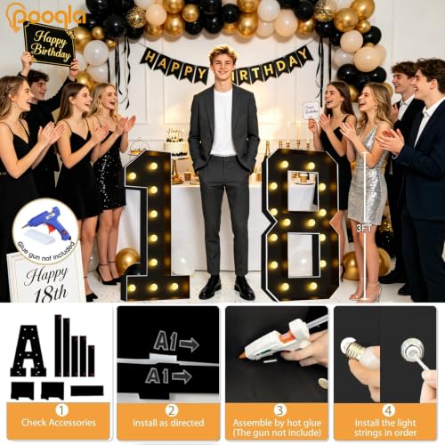 Image of Pooqla 3FT Marquee Light Up Numbers 5 for 5th 50th Birthday Decorations | Black LED Marquee Numbers Party Backdrop, 3 Feet Large Mosaic Numbers 5th 25th 50th Anniversary Birthday Gift for Boys Men