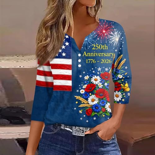 Image of 4th of July Shirts Women 3 /4 Length Sleeve Womens Tops Henley Neck Casual Patriotic T Shirts