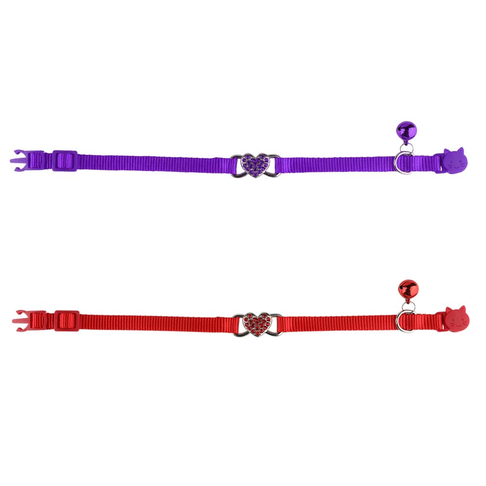 Mtliepte Katzenhalsband, Herz-Design, glitzernd, mit Glöckchen, verstellbar, für Kätzchen, Rot + Violett, 2 Stück