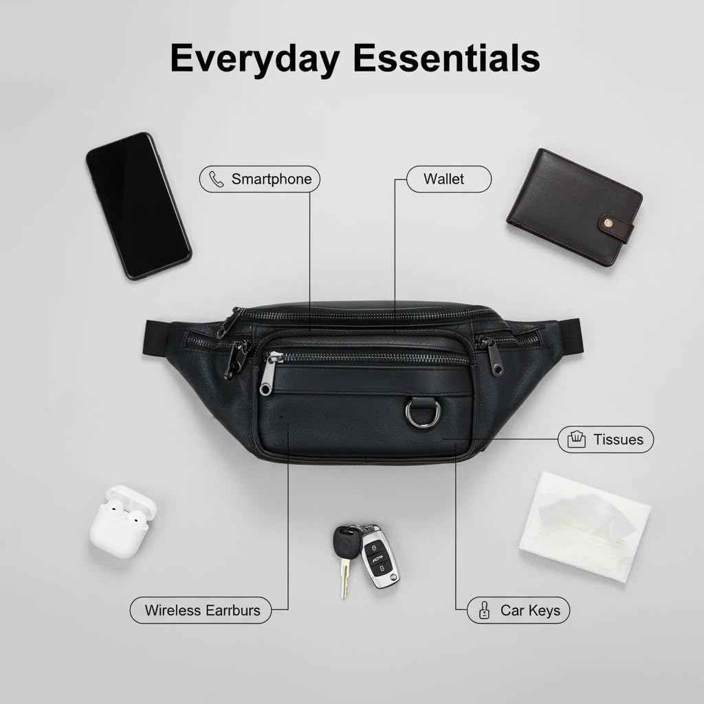 Leather Waist Pack for Men, Large Belt Bag with Multiple Compartments, Adjustable Strap up to 47.2 Inches, for Everyday Use, Hiking, Cycling, Fishing (Black)