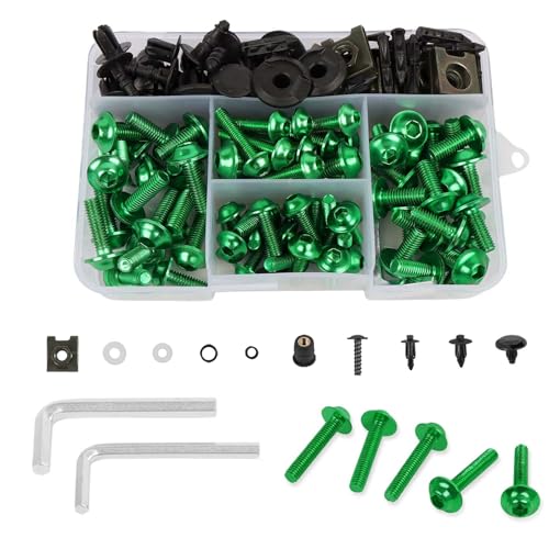 CHIFUN Motorcycle Fairing Bolt Kit, 195 Pcs M5 M6 Aluminum Screws Assortment Kit Plastic Grommets Nuts Washers Clips Universal for Sport Dirt Bike Bodywork Fairing Windscreen (Green)
