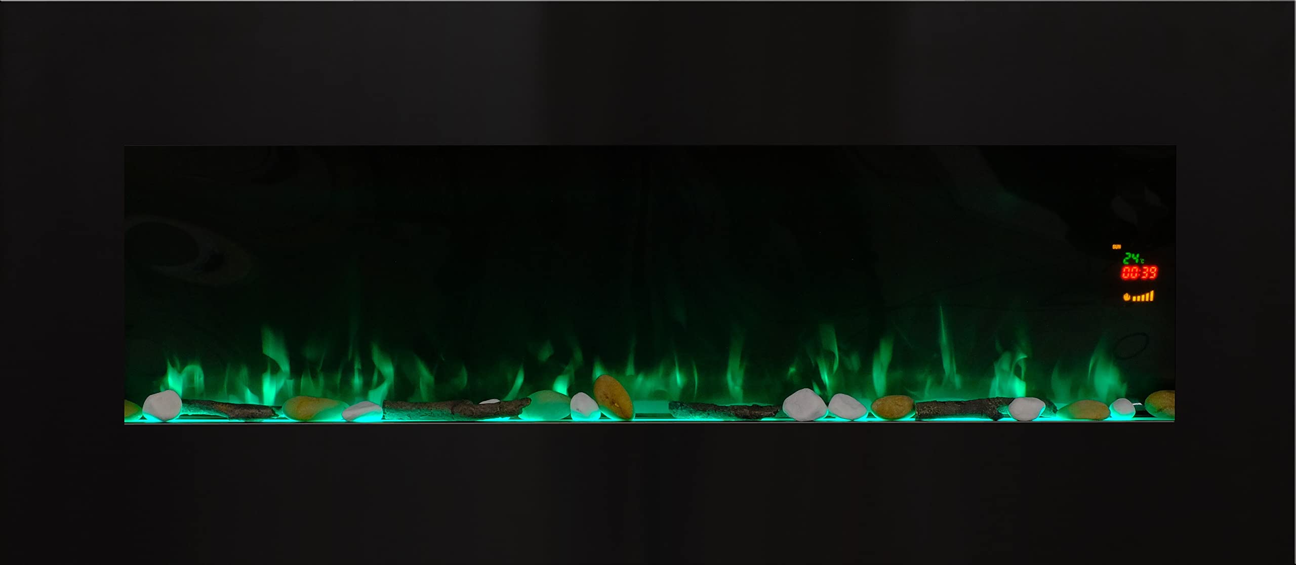 CHEMIN'ARTE Elektryczny kominek z efektem płomieni LED, montowany na ścianie, model Volcano XXL – czarny – 122 x 16 x 52 cm – zaprojektowany we Francji – 2 lata gwarancji