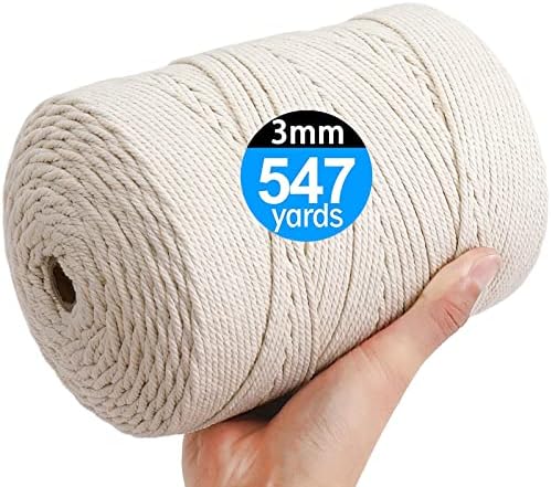 AIFUN Macrame Cord 3mm X 547yd Not Dyed 100% Natural Cotton Macrame Rope, 4 Strand Twisted Cotton Cord Rope for Handmade Wall Hanging ,Plant Hangers, Crafts, Knitting, Gift Wrapping(3mm X 500m)