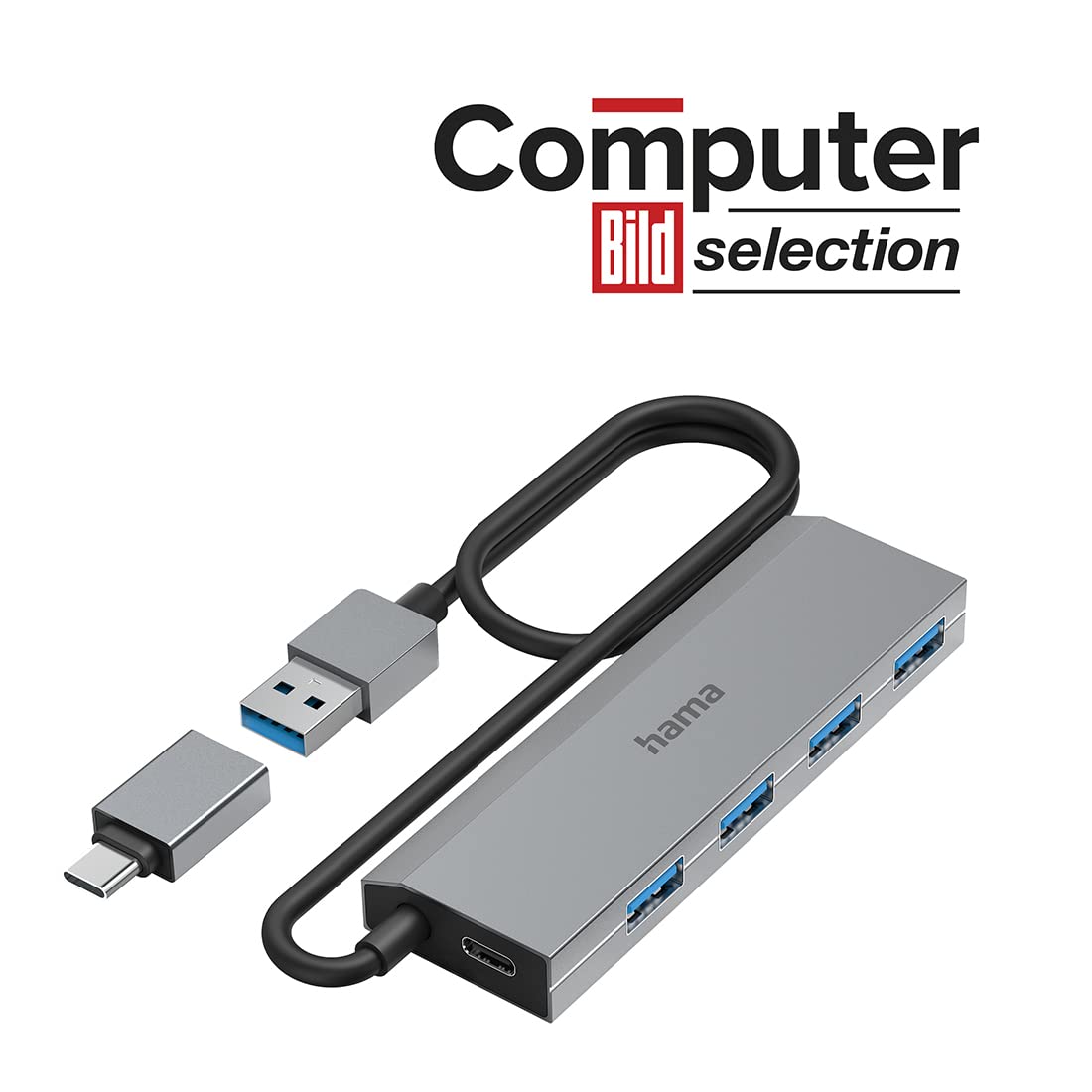 Hama Hub USB, 4 Ports, USB 3.2 Gen1, 5 Gbit/s, Adaptateur USB-C et Bloc Secteur, Garantie 10 Ans, Gris