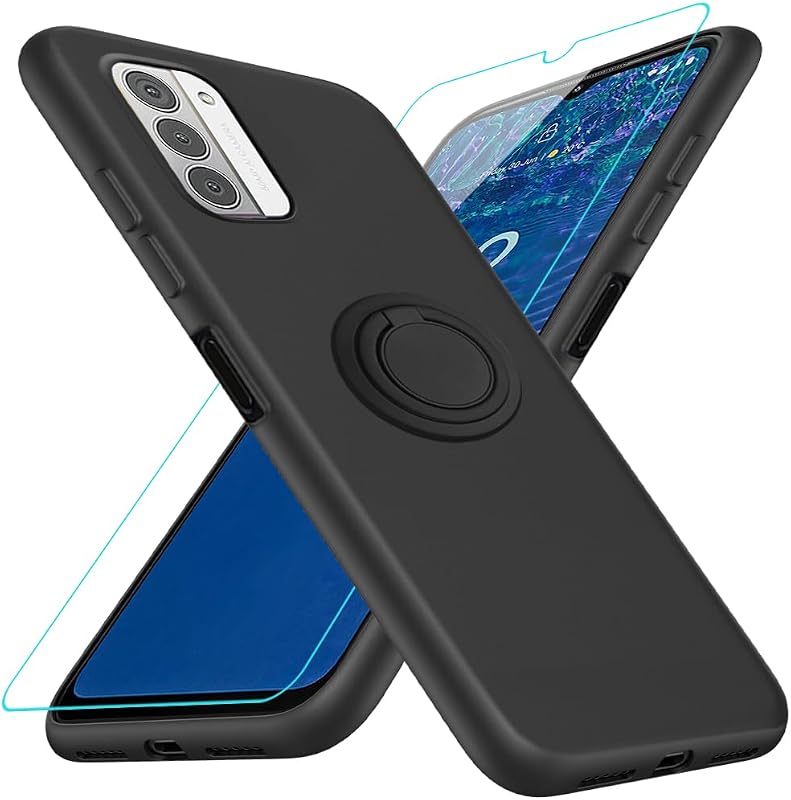 Compatible for Nokia G310 5G Phone Case with Glass Screen Protector, 360° Rotatable Ring Holder Kickstand/Stand Silicone TPU Shockproof Protective Cover Case for Nokia G310 5G - Black