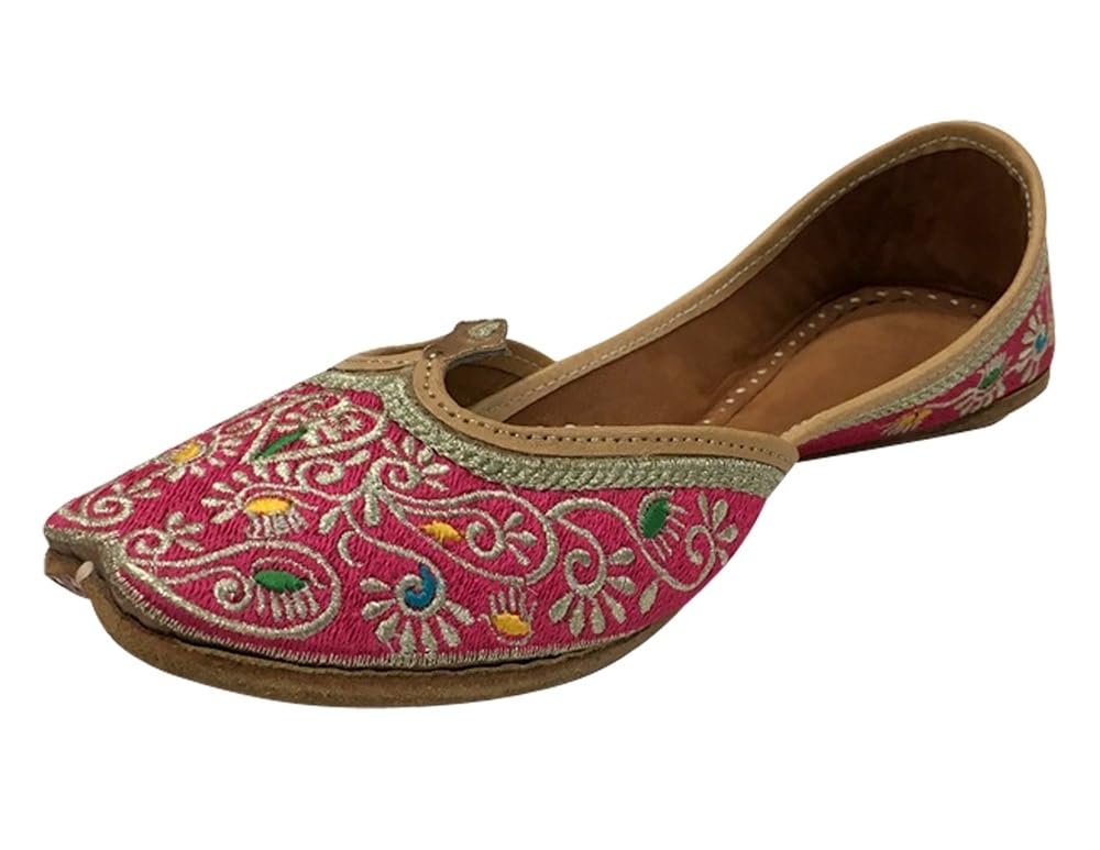 Women Pink Flat Phulkari Punjabi Jutti Khussa Shoes Ethnic Mojari Indian Jooti