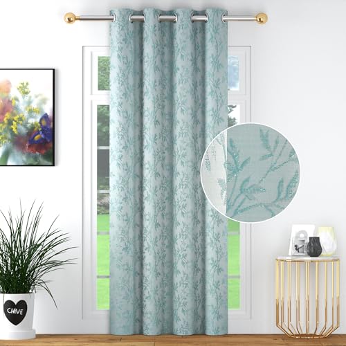 Image of FRESH FROM LOOM Light Blocking 80% Room Darkening Floral Eyelet Curtain 7 Feet Long Door & Window | Heavy Jari Premium Luxury Material | Double Stitch | Fade Resistant Parda (7feet, Aqua, 1pc only)
