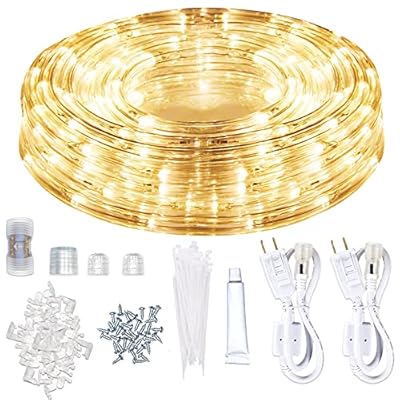 SURNIE LED Rope Lights Outdoor Warm White - Waterproof 50ft Cuttable 3000K Soft Lighting Indoor 110V Plug Connectable Flexible Thick Clear Tube for Bedroom Outside Garden Deck Patio Camping Décor