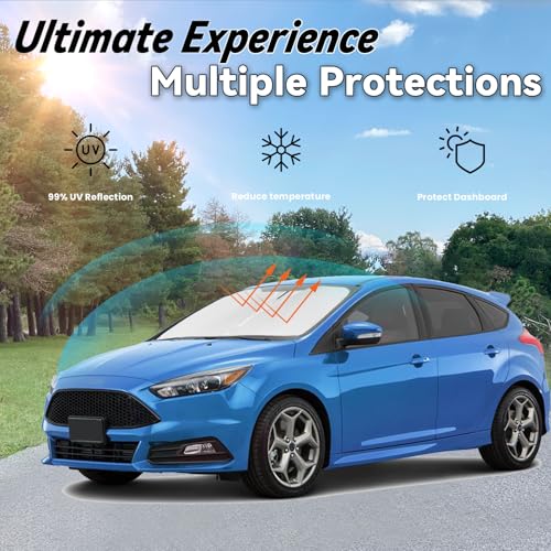 Image of Car Front Windshield Sun Shade for Focus 2012-2018, Car Window SunShades Shield Cover Visor Protector with 240T Reflective Fabric UV & Sun Heat Protection Accessories