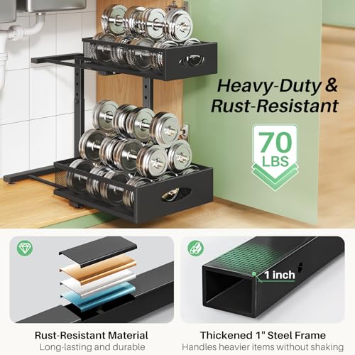 Image of Under Sink Organizer, 2-Pack Pull Out Cabinet Organizer 2 Tier Metal Slide Out Storage Shelf Rack, L-Shaped Adjustable Height,Mesh Sliding Drawer for Kitchen, Bathroom, Laundry, Pantry, Black, XL