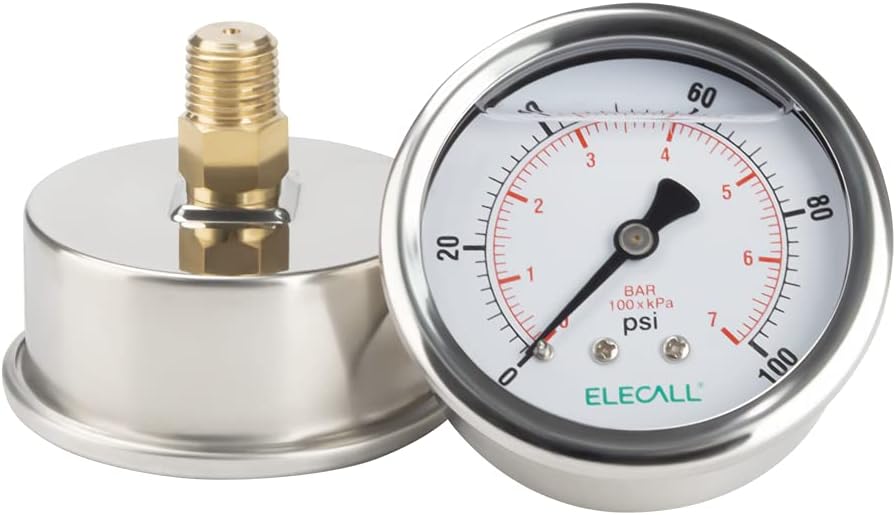 ELECALL100psi Silicone Oil Filled Pressure Gauge for Water Oil Air Pressure Test in Pool Pump Sand Filter Air Compressor Water System, 2-1/2"Stainless Steel Case, Back Mount 1/4" NPT