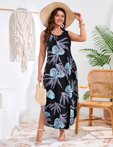 Image of JollieLovin Women Plus Size Summer Tank Maxi Dresses Sleeveless Causal V Neck Beach Long Dresses Swim Cover up (L-5X)