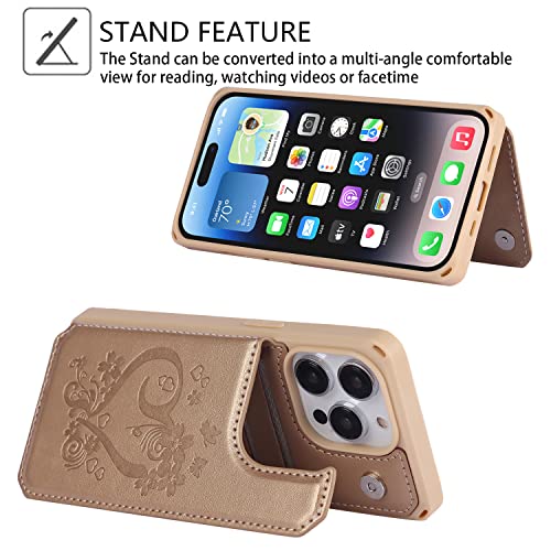 Image of Cavor for iPhone 14 Pro Case with Card Holder,for iPhone 14 Pro Wallet Case for Women Men,Phone Case for iPhone 14 pro with Stand Credit Card Holder, Leather Strap Shockproof Cover- Golden