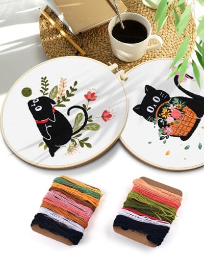 Image of TINDTOP 2 Pack Embroidery Kit for Adult Beginners, Embroidery DIY Starter Kit, with Black Cat and Flowers Stamped Patterns, Hoop, Tools, Colorful Threads with Needles, Instructions | 2 Pack with Black Cat And Flowers Stamped Patterns, Hoop, Tools, Colorful Threads with Needles, Instructions