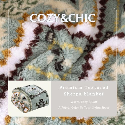 CASAAGUSTO Boho Sherpa Throw Blanket, Aztec,Ultra Soft, Warm, Cozy, Plush, Thick Fleece Throw Blanket for Couch, Bed, Sofa (Olive Green 50 * 60 Inch)