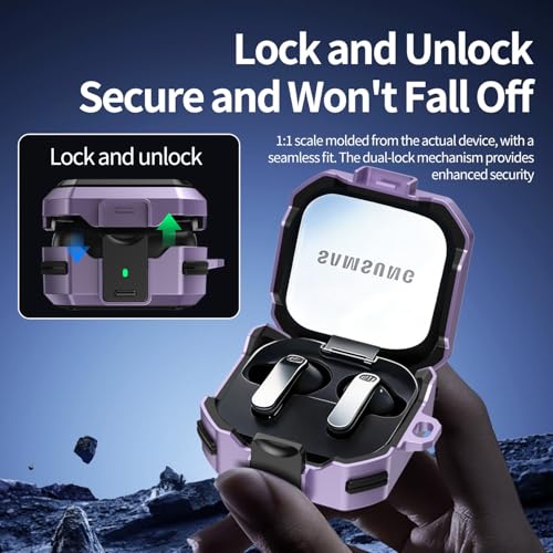 Image of Hybrid Lock Armor Case Cover for Samsung Galaxy Buds 4 and 4 Pro, Rugged, Shockproof with Heavy Duty Carabiner (Purple, Armor with Lock)