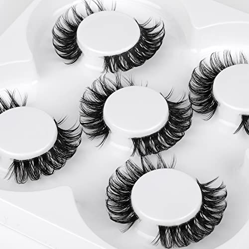 JIMIRE Demi-Wispy Invisiband Soft Fake Lashes Fluffy Crisscross Volume D Curl False Eyelashes Pack Russian Strips Small Eyelash 5 Pairs