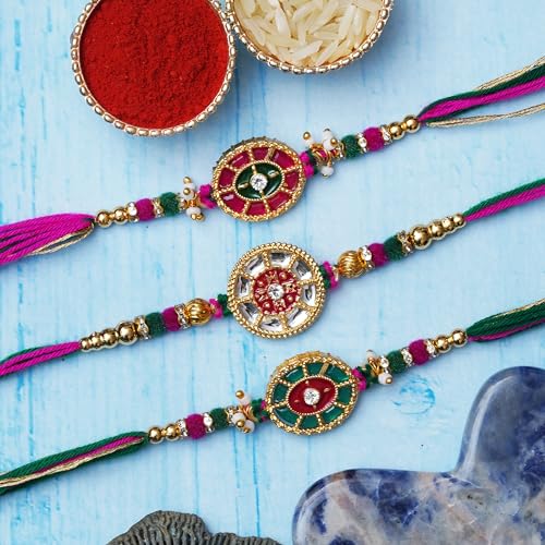 Image of eCraftIndia Set of 3 Multicolor Designer Rakhis, Best Bro Ever Fridge Magnet with Roli Chawal Pack - Rakhis for Brother, Bhabhi, Kids